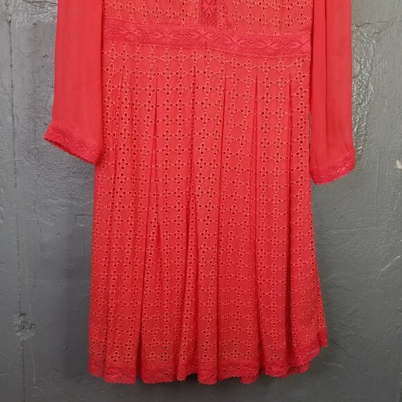 Allsaints Lilith Dress Sz 6 Eyelet Fit & Flare A-Line Coral Red Lace Sheer Lined - Picture 10 of 16